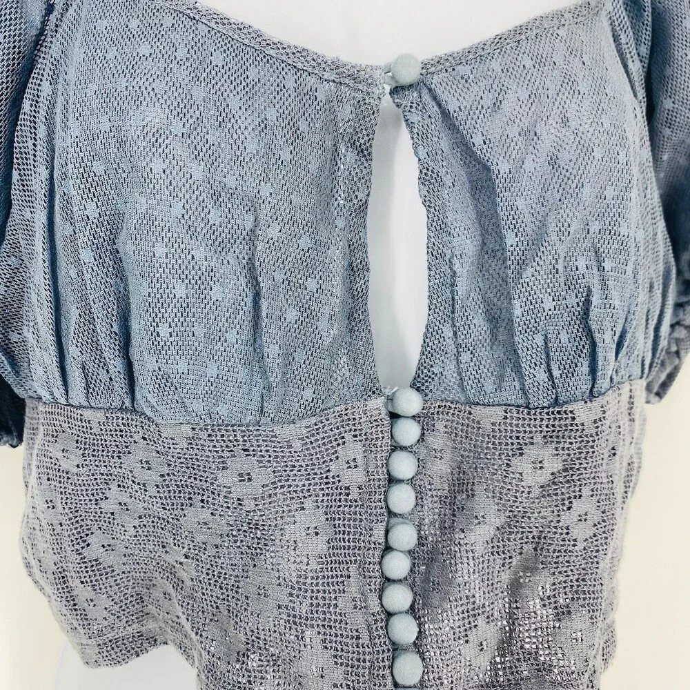 Free People Heartstrings Corset Crop Top XS Dusty Blue Cotton Puff Sleeve Button